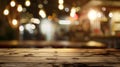 Generative AI Empty wooden table in front of blurred cafe bar or restaurant Abstract lights bokeh background front Royalty Free Stock Photo