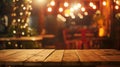 Generative AI Empty wooden table in front of blurred cafe bar or restaurant Abstract lights bokeh background front Royalty Free Stock Photo