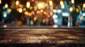 Generative AI Empty wooden table in front of blurred cafe bar or restaurant Abstract lights bokeh background front Royalty Free Stock Photo