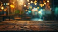 Generative AI Empty wooden table in front of blurred cafe bar or restaurant Abstract lights bokeh background front Royalty Free Stock Photo