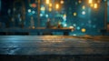 Generative AI Empty wooden table platform and blurred background bokeh of at bar restaurant at night Can be used f Royalty Free Stock Photo