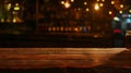 Generative AI Empty wooden table platform and blurred background bokeh of at bar restaurant at night Can be used f Royalty Free Stock Photo