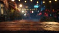 Generative AI Empty wooden table platform and blurred background bokeh of at bar restaurant at night Can be used f Royalty Free Stock Photo