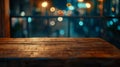 Generative AI Empty wooden table platform and blurred background bokeh of at bar restaurant at night Can be used f Royalty Free Stock Photo