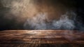 Generative AI empty wooden table with smoke float up on dark background Empty Space for display your products busi Royalty Free Stock Photo