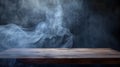 Generative AI empty wooden table with smoke float up on dark background Empty Space for display your products busi Royalty Free Stock Photo