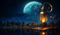 Enchanting Ramadan scene with crescent moon and traditional lantern casting a mystical glow amongst stars and clouds