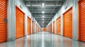 Generative AI Endless Storage A Corridor View of Orange SelfStorage Units Ideal for Space Solutions and Organizati Royalty Free Stock Photo