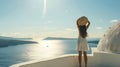 Generative AI Europe Greece Santorini travel vacation Woman looking at view on famous travel destination Elegant y