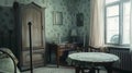 Generative AI Example of Old Soviet Russian poor interior in Leningrad project House Aged  sideboard table chairs Royalty Free Stock Photo