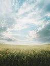 Generative AI Expansive Green Field Under Dramatic Cloudy Sky with Sunlight Breaking Through business concept. Royalty Free Stock Photo