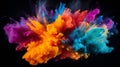 Generative AI Explosion of colored powder, on black background. Power and art concept, abstract blast of