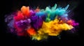 Generative AI Explosion of colored powder, isolated on black background. Power and art concept, abstract blast of