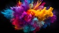 Generative AI Explosion of colored powder, isolated on black background. Power and art concept, abstract blast of