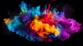 Generative AI Explosion of colored powder, isolated on black background. Power and art concept, abstract blast of