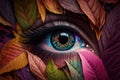 Generative AI. Eye of a woman surrounded by colorful leaves