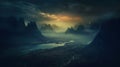 Generative AI. Fabulous fantasy landscape of mountains, amazing view of the rocks and the valley. Mystical nature of the peaks of