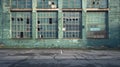 Generative AI Facade of an old abandoned factory. Empty industrial area. A green brick building with large broken Royalty Free Stock Photo