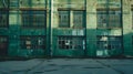 Generative AI Facade of an old abandoned factory. Empty industrial area. A green brick building with large broken Royalty Free Stock Photo