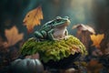 Generative AI. Fantastic beautiful magical fairy meadow with mushroom and a frog in a fabulous enchanted forest, on a mysterious