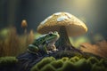 Generative AI. Fantastic beautiful magical fairy meadow with mushroom and a frog in a fabulous enchanted forest, on a mysterious