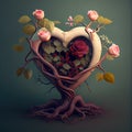 Generative AI: fantasy heart made of roses and tree roots