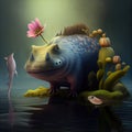 Generative AI: fantasy hippopotamus in a landscape with lake