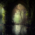 Generative AI: fantasy landscape in the forest with branches Royalty Free Stock Photo