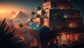 Generative AI of a fantasy landscape with pyramids cyber city and palm trees Royalty Free Stock Photo