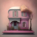 Generative AI: fantasy pink house with tree and flowers background Royalty Free Stock Photo