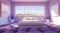 Generative AI, Fantasy purple relax room with dreamy bed, arch, windows and beautiful landscape with clouds. Royalty Free Stock Photo