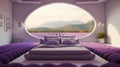 Generative AI, Fantasy purple relax room with dreamy bed, arch, windows and beautiful landscape with clouds. Royalty Free Stock Photo