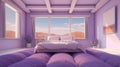 Generative AI, Fantasy purple relax room with dreamy bed, arch, windows and beautiful landscape with clouds. Royalty Free Stock Photo