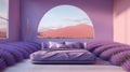 Generative AI, Fantasy purple relax room with dreamy bed, arch, windows and beautiful landscape with clouds. Royalty Free Stock Photo