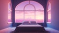 Generative AI, Fantasy purple relax room with dreamy bed, arch, windows and beautiful landscape with clouds. Royalty Free Stock Photo