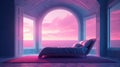 Generative AI, Fantasy purple relax room with dreamy bed, arch, windows and beautiful landscape with clouds. Royalty Free Stock Photo