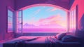 Generative AI, Fantasy purple relax room with dreamy bed, arch, windows and beautiful landscape with clouds. Royalty Free Stock Photo