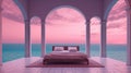 Generative AI, Fantasy purple relax room with dreamy bed, windows and beautiful landscape with clouds. Bedroom in calm lavender an Royalty Free Stock Photo