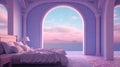 Generative AI, Fantasy purple relax room with dreamy bed, windows and beautiful landscape with clouds. Bedroom in calm lavender an Royalty Free Stock Photo