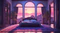 Generative AI, Fantasy purple relax room with dreamy bed, windows and beautiful landscape with clouds. Bedroom in calm lavender Royalty Free Stock Photo