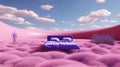 Generative AI, Fantasy purple relax room with dreamy bed and beautiful landscape with clouds. Bedroom in calm lavender and violet Royalty Free Stock Photo