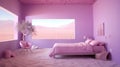 Generative AI, Fantasy purple relax room with dreamy bed, windows and beautiful landscape with clouds. Royalty Free Stock Photo