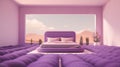 Generative AI, Fantasy purple relax room with dreamy bed, windows and beautiful landscape with clouds. Bedroom in calm lavender Royalty Free Stock Photo