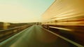 Generative AI Fast blurred highway traffic Transportation truck in high speed driving on a highway through rural l Royalty Free Stock Photo