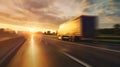 Generative AI Fast blurred highway traffic Transportation truck in high speed driving on a highway through rural l Royalty Free Stock Photo