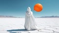 Generative AI. A female figure in a white clothes with a hood and flying big orange balloon. Blue sky and desert. Conceptual, Royalty Free Stock Photo