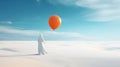 Generative AI. A female figure in a white dress and flying big orange balloon. Blue sky and desert. Conceptual, creative and Royalty Free Stock Photo