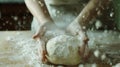 Generative AI Female hands dusting kitchen counter with flour for kneading and baking rustic sourdough bread Flat