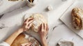 Generative AI Female hands folding and kneading the dough on a marble kitchen counter for baking rustic sourdough