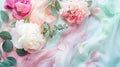 Generative AI Feminine wedding or birthday table composition with floral bouquet White and pink peonies flowers eu Royalty Free Stock Photo